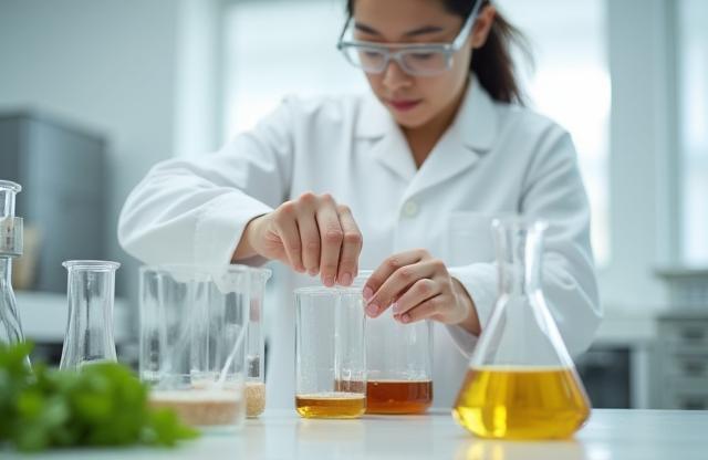 A person meticulously mixing ingredients in glass beakers in a clean lab setting, hinting at small-batch production