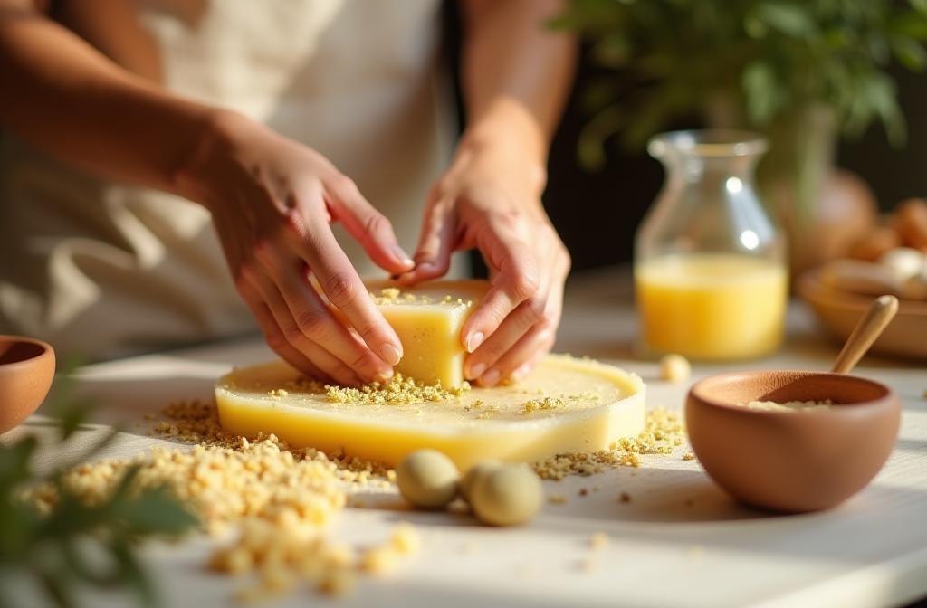 Close up of hands crafting natural soap with various plant ingredients scattered around