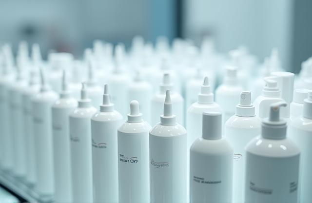 Several rows of clean, custom-branded cosmetic bottles in a production or laboratory setting