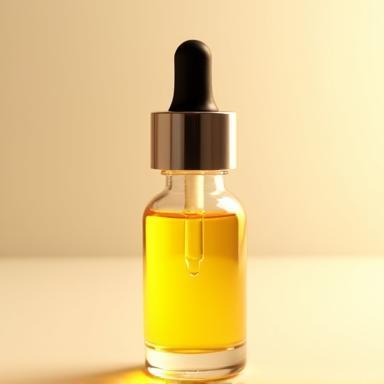 A small glass bottle of facial oil with a dropper cap