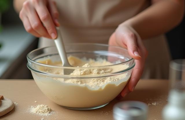 Close-up of hands mixing ingredients in a glass bowl during a cosmetics workshop